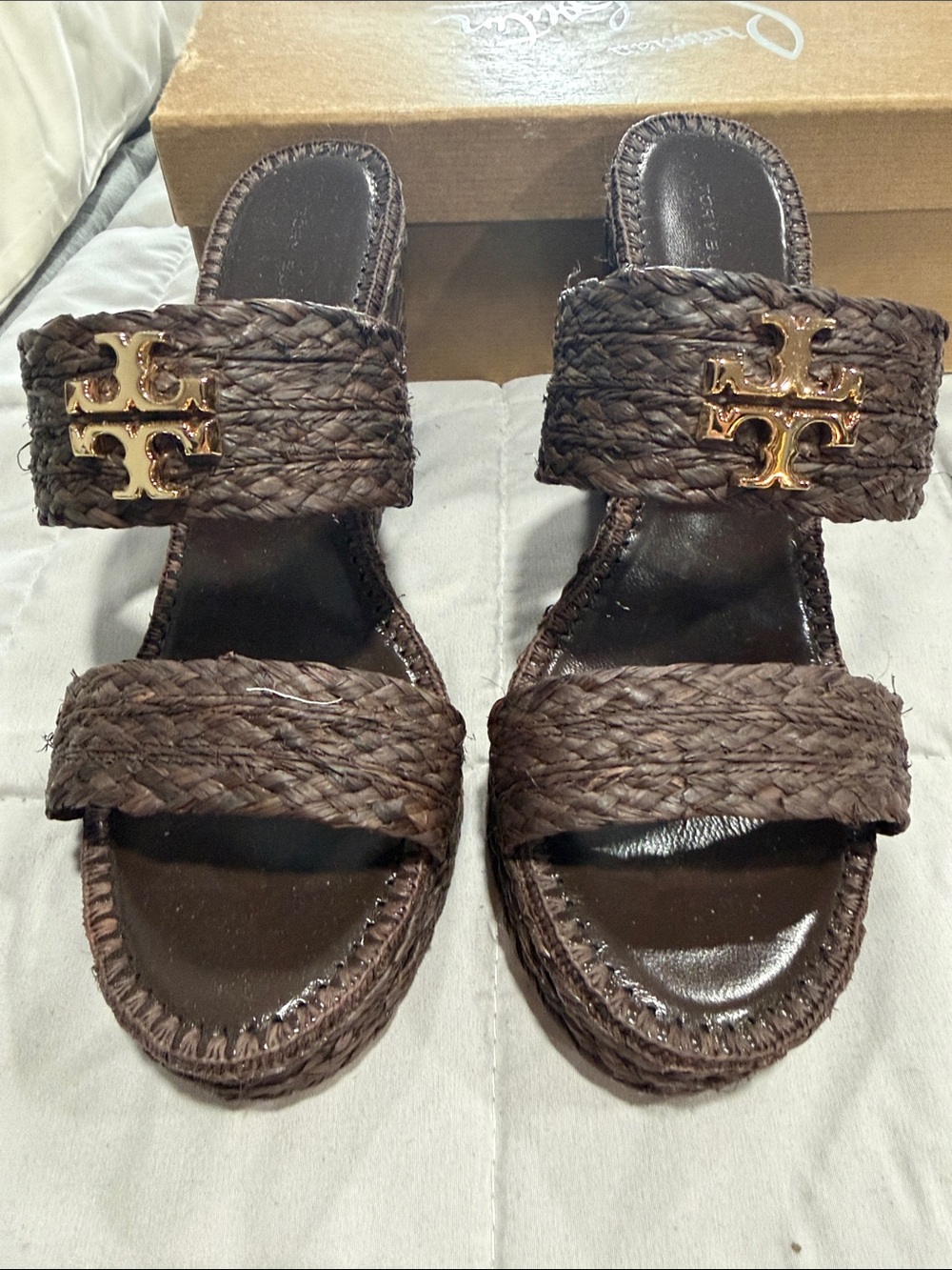 Tory Burch Dark Brown Braided Double-Strap Slide Sandals with Gold Logo